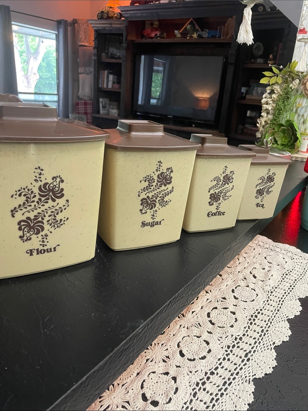 Vintage Speckled Canister Set with Brown Lids - Flour, Sugar, Coffee, Tea